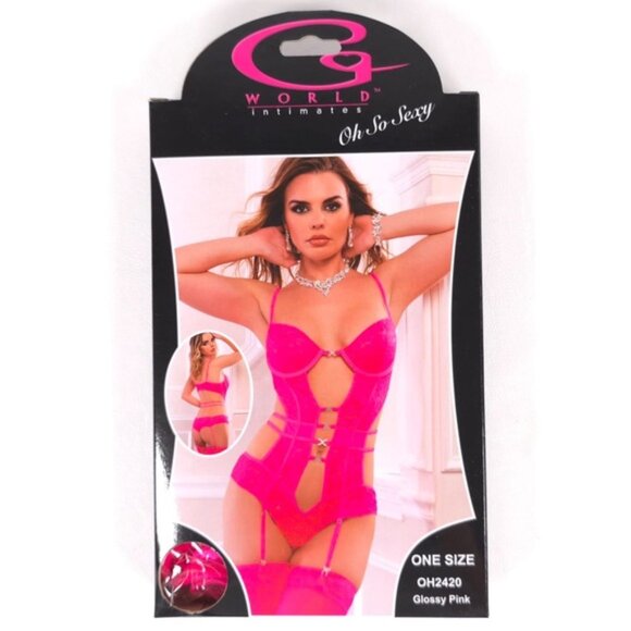 NWB G WORLD 2pc Deep Plunge Strappy Teddy & Stockings Glossy‎ Pink OH2420 O/S - Picture 3 of 5